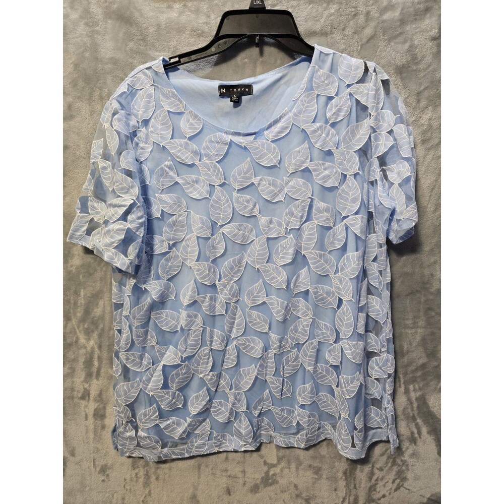 N Touch Blouse Shirt  Womens L Blue Stretch Lined Sheer Leaf Peasant Hippie Boho